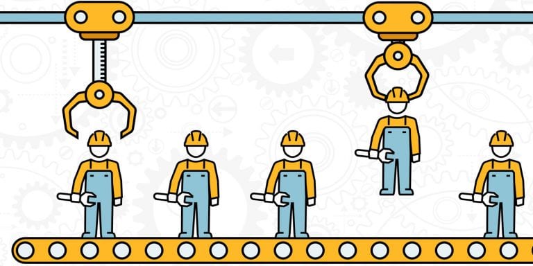 Construction workers on conveyer belt being picked up by a robot arm