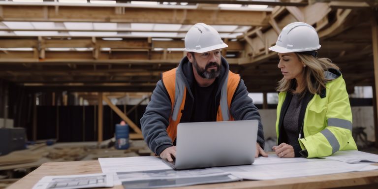 Two construction workers looking at a laptop