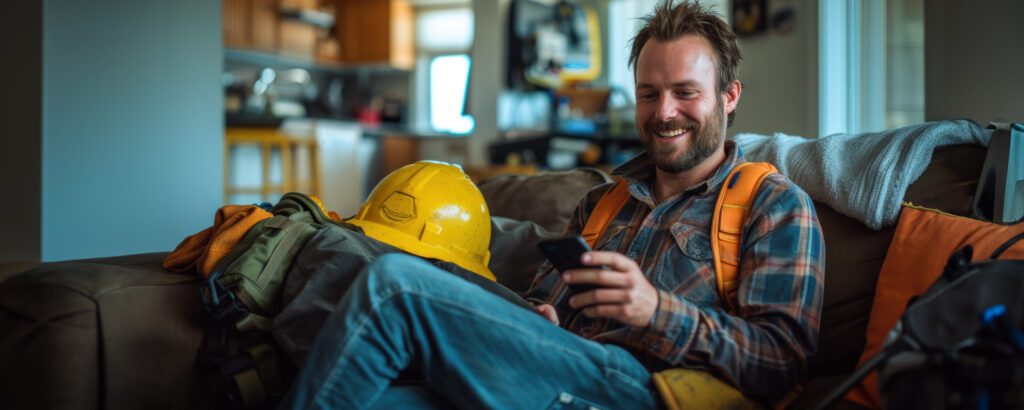 Constructor worker on couch with phone
